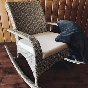 Handmade Rattan Rocking Chair – Light Grey Wicker Rocker – Indoor Outdoor Patio Chair – Modern Boho Lounge Armchair
