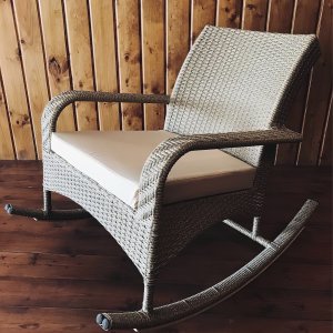 Handmade Rattan Rocking Chair – Light Grey Wicker Rocker – Indoor Outdoor Patio Chair – Modern Boho Lounge Armchair